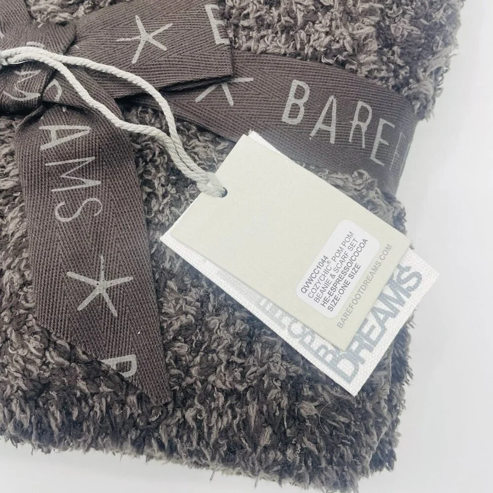 Barefoot Dreams CozyChic Women Pom-Pom Beanie and Scarf Set in HE Expresso Cocoa